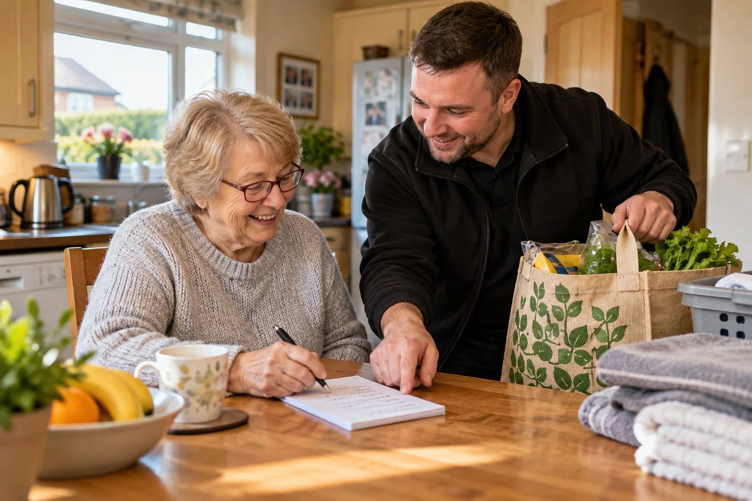 A caring moment between a support worker and an older person